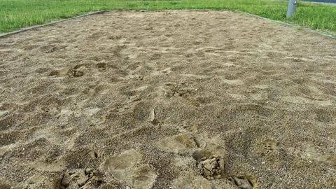 Sandy area with wooden border frame on green grass lawn Video stock 340515274