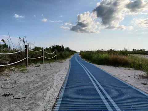 Sandy beach access path with beach plants and light clouds at sunset Stock Photos