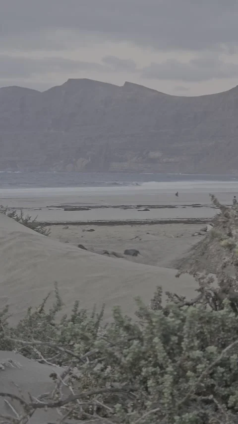 Sandy beach after sunset, with mountains in the background 库存影片 327985186