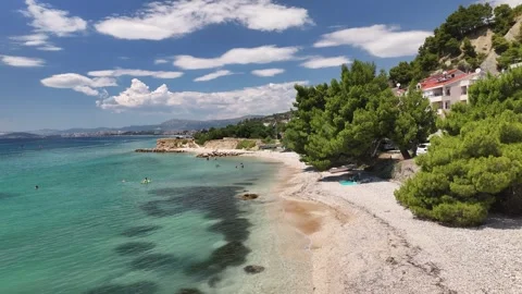 Sandy Beach Along The Adriatic Coast Of Podstrana, Croatia Stock Footage 342146047
