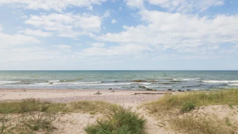 Sandy beach and gentle ocean waves on sunny day Stock Footage 346462769