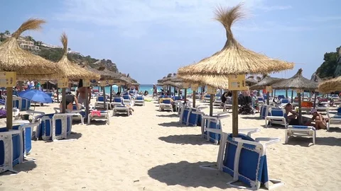 Sandy beach and parasol Stock Footage 128348911
