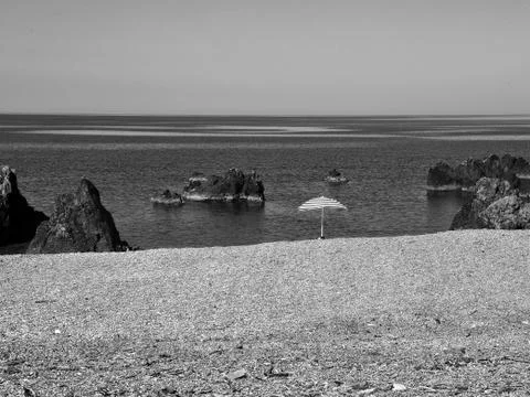 Sandy beach and Scalea rocks Foto stock