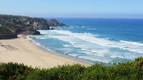 Sandy Beach and Turquoise Waves Seen from Fishermens Trail Portugal Stock Footage 319132085