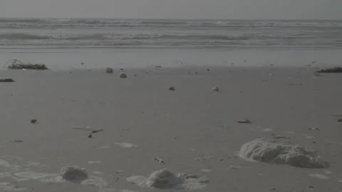 Sandy beach and waves , low angle with seafoam Stock Footage 169644902