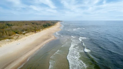 Sandy Beach at Baltic Sea, Lithuania, Aerial Flight Stock Footage 90049436