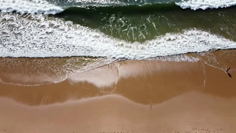 Sandy Beach, Breaking Waves, Solitary Figure Stock Footage 327477623