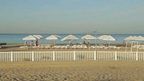 Sandy beach with deck chairs and sun umbrellas at dawn Stock Footage 125575358