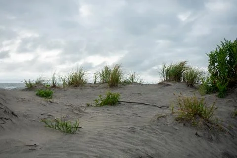 A Sandy Beach Dune With a Dramatic Stormy Sky Over It Stock Photos
