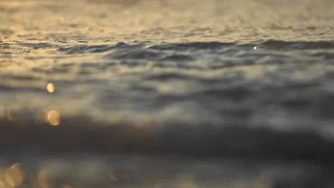 Sandy beach at golden hour. Close-up of golden light reflecting on calm ocean Video stock 335763823