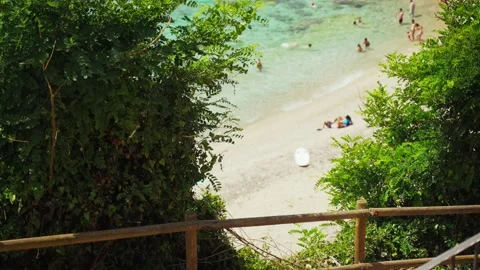 On the sandy beach in a green bay. View of the beach from above. Transparent Stockbeeldmateriaal 132968949