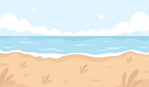 Sandy beach landscape. Hello summer, summer vacation. Ocean shore. Иллюстрация