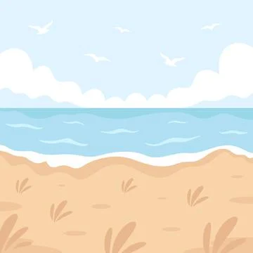 Sandy beach landscape. Hello summer, summer vacation. Ocean shore. Ilustração Stock