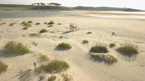 Sandy beach low flying early morning - beach grass - Drone 4K Video stock 111675298