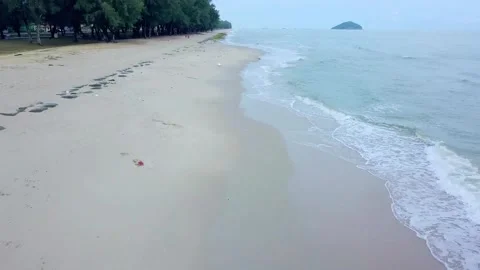 Sandy beach meets the ocean with a discarded tire on the shore Stock Footage 312389822