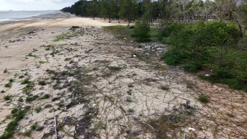 Sandy beach meets ocean with distant horizon Stock Footage 333035360