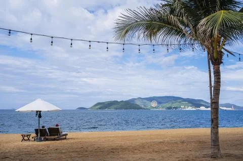 A sandy beach with a palm tree and tourists relaxing under beach umbrellas by Stock Photos