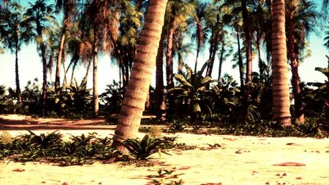 A sandy beach with palm trees and a blue sky Illustration
