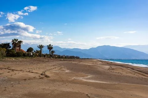 Sandy beach with palm trees and distant blue mountains Stock Photos