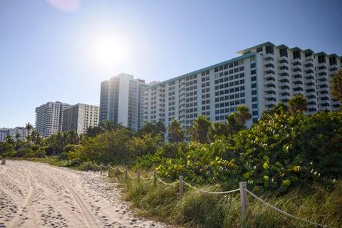 Sandy Beach Path Leading Toward Oceanfront Condo Towers Stock Photos