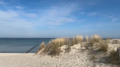 Sandy beach path through dunes to Baltic Sea on sunny spring day. Stock Footage 319543260