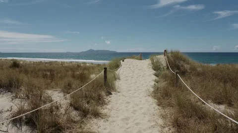 Sandy Beach Path Through Dunes with Island View, Auckland, New Zealand 스톡 동영상 330950269