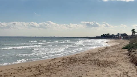 Sandy beach with rhythmic waves under a bright sky, and sparse coastal Stock Footage 329291627