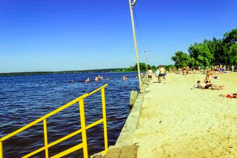 Sandy beach on the river the summer Stock Photos