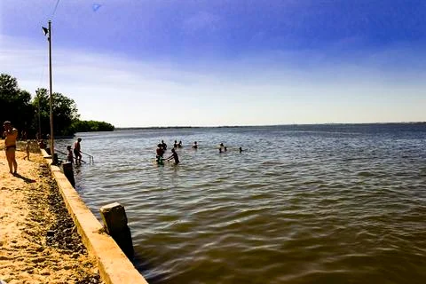 Sandy beach on the river the summer Stock Photos