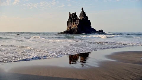 Sandy beach with rocky cliffs Stock Footage 269548095