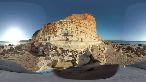 Sandy beach with rocky cliffs, VR360, VR, 360VR Stock Footage 106293512