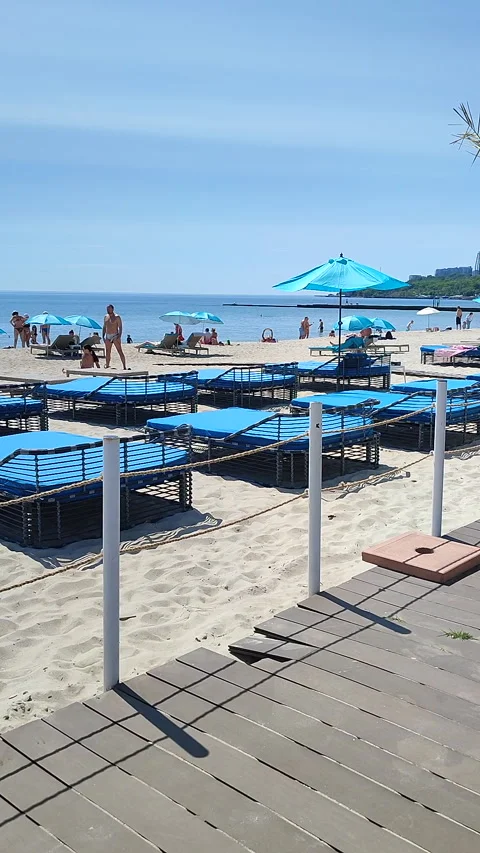 Sandy beach sea with empty blue sun loungers sunny hot summer day Vertical Stock Footage 327669786