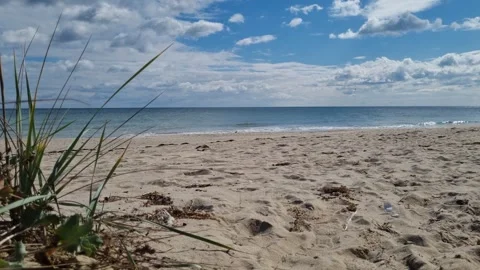 Sandy beach with sea waves under blue cloudy sky Stock Footage 319572962