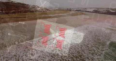 Sandy beach shoreline rolling ocean waves in drone view with rocky cliffs, red Illustrazione stock