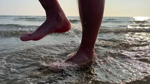 Sandy Beach Slo mo Walk. Water splash. Sea Vacation. Stock Footage 234698572
