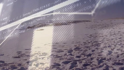 Sandy beach staying clear as overlay rising, line graph drawing right with lit Stock Footage 333602668
