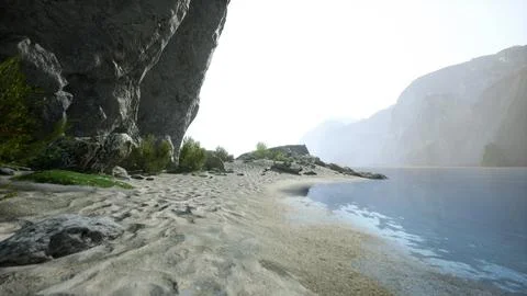Sandy beach with a stunning cliff backdrop and crystal clear waters Ilustración de archivo
