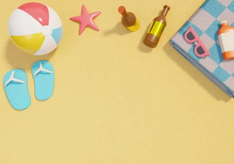 Sandy beach with summer vacation objects 3D illustration background. Different Stock Illustration