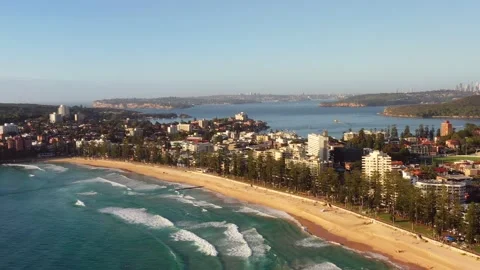 Sandy beach on Sydney North Shore – manly in aerial seascape fly as 4k. Stock Footage 170695644