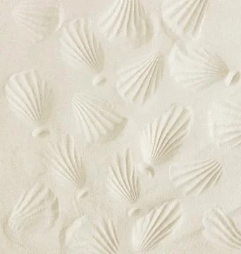Sandy beach texture with seashells imprint pattern. Aesthetic poster. Summer vac Stock Photos