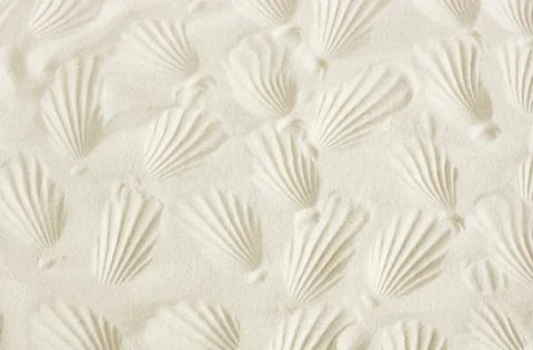 Sandy beach texture with seashells imprint pattern. Aesthetic poster. Summer vac Stock Photos