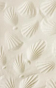 Sandy beach texture with seashells imprint pattern. Aesthetic poster. Summer vac Stock Photos