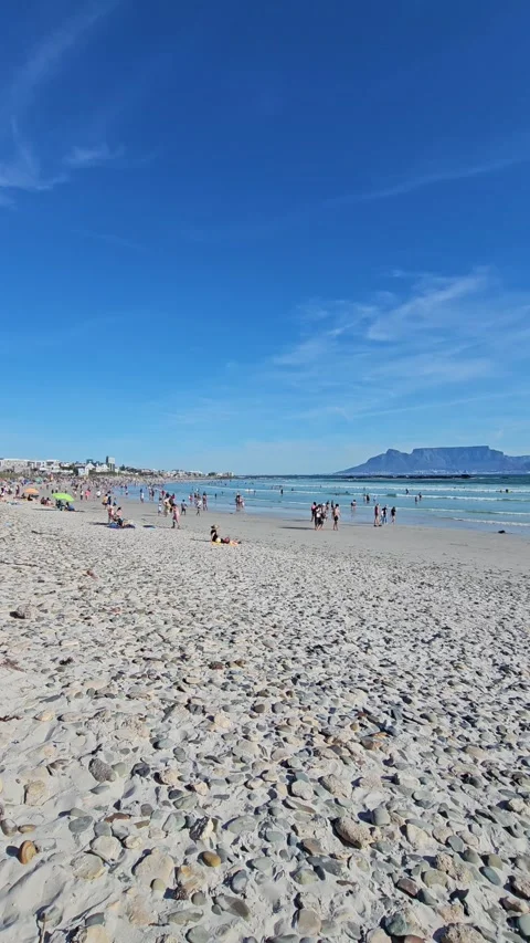 Sandy Beach toward Table Mountain, Bloubergstrand, Cape Town, South Africa Stock Footage 347959702