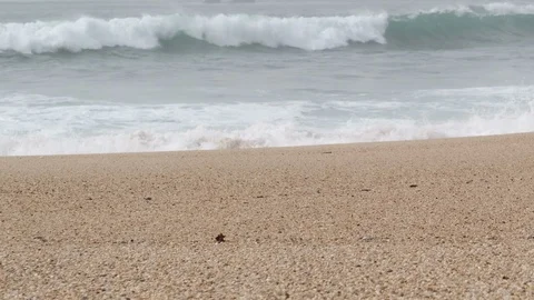 Sandy beach with white waves breaking on the shore, low angle, slider shot 스톡 동영상 127123626