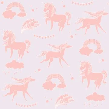 Sandy color unicorns with clouds on a biege background Stock Illustration