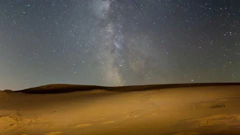 Sandy desert under a starry sky with milky way, night natural  time lapse scene Stock Footage 237693693