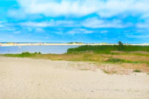 Sandy empty beach on the background of the lake and blue sky1 Stock Photos