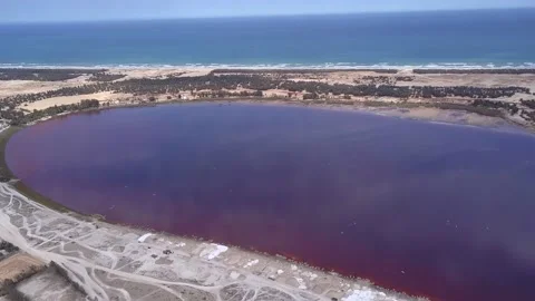 Sandy land with trees between dark pink lake and ocean with waves crashing Stock Footage 208937190