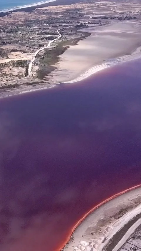 Sandy land with trees between dark pink lake and ocean with waves crashing Stock-Footage 230675609