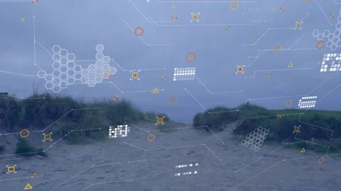 Sandy path between dunes, system initiating technology overlay, hex nodes Stock Footage 334114171